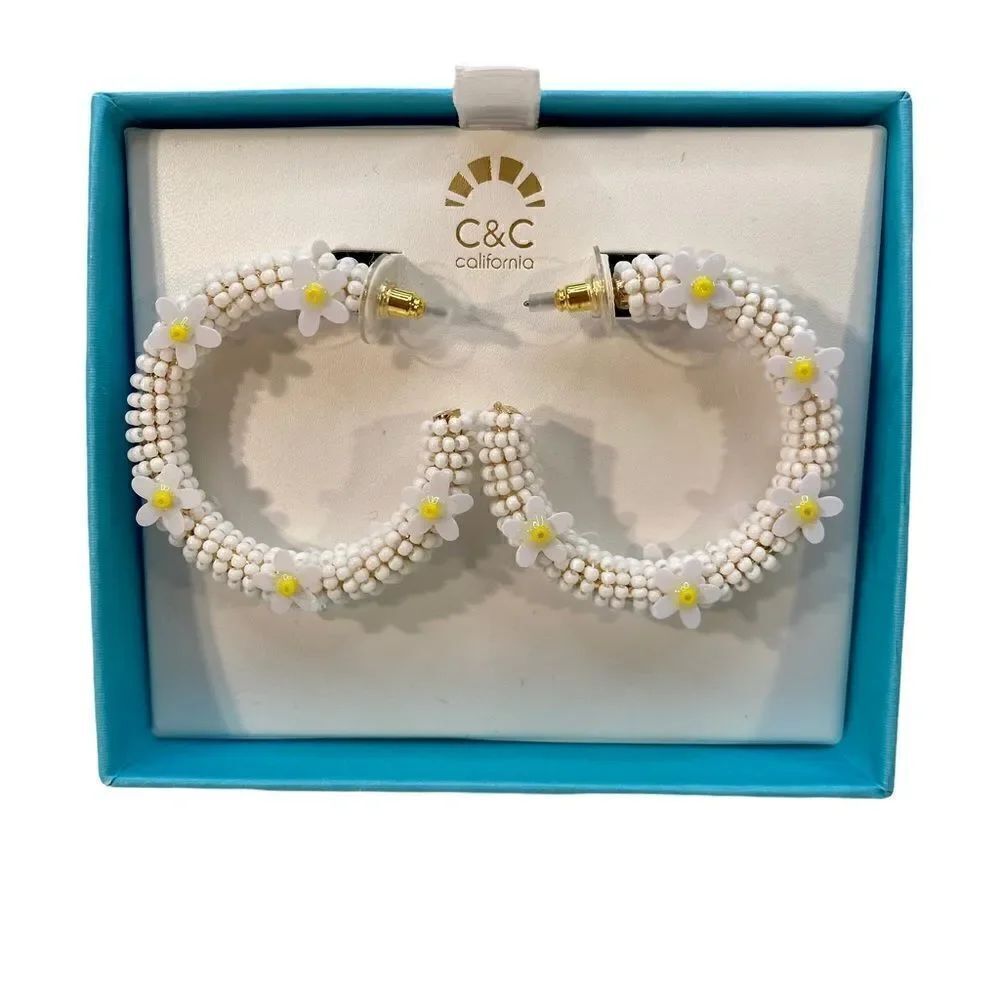 C&C California White Seed Bead 3/4 Hoops w/ 5 sweet daisy accents on each side